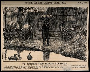A depressive man standing by a country pond in the pouring r Wellcome V0011388.jpg